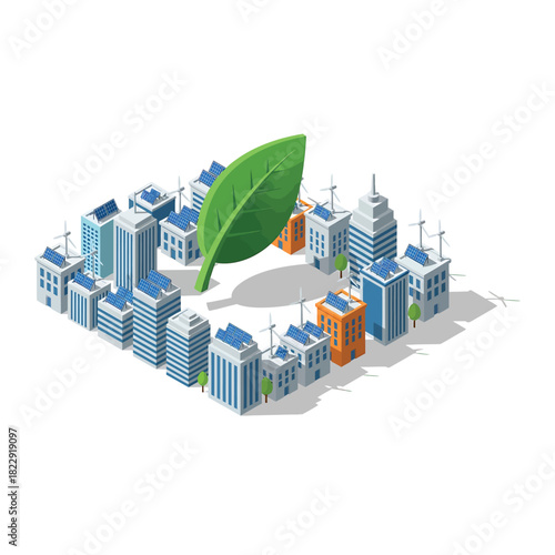 Cityscape shows commitment to green energy with solar panels and wind turbines surrounding a large leaf, symbolizing sustainability and environmental consciousness.