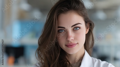 The Gaze of Knowledge: A portrait of a woman in a lab coat, her intelligent eyes convey confidence and intellect. Capturing the essence of scientific curiosity and dedicated work.