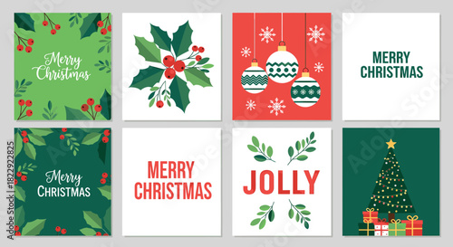 Collection of festive christmas greeting cards with various designs including holly, berries, ornaments, and christmas trees, perfect for holiday season celebrations and winter wishes
