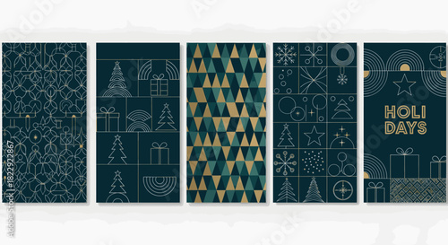 A set of five elegant dark teal and gold holiday backgrounds, featuring festive patterns, abstract designs, christmas trees, gifts, and celebratory elements