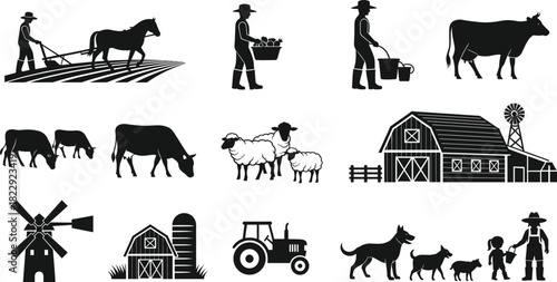 Farm life silhouettes, rural lifestyle, agriculture illustration, farming scenes, livestock silhouettes, countryside design, traditional farming, village life, farm animals, agriculture culture