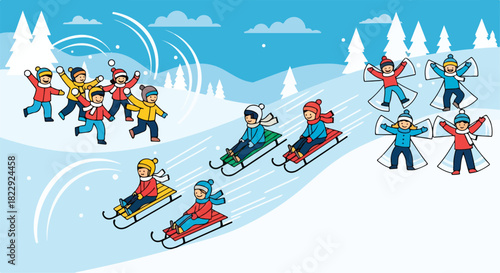 Celebrate World Snow Day with playful children sledding, making snow angels, and having snowball fights in a winter wonderland illustration