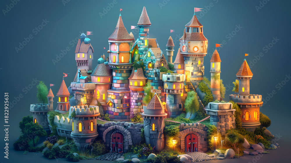 Fototapeta premium 3d isometric low-poly clay medieval castle