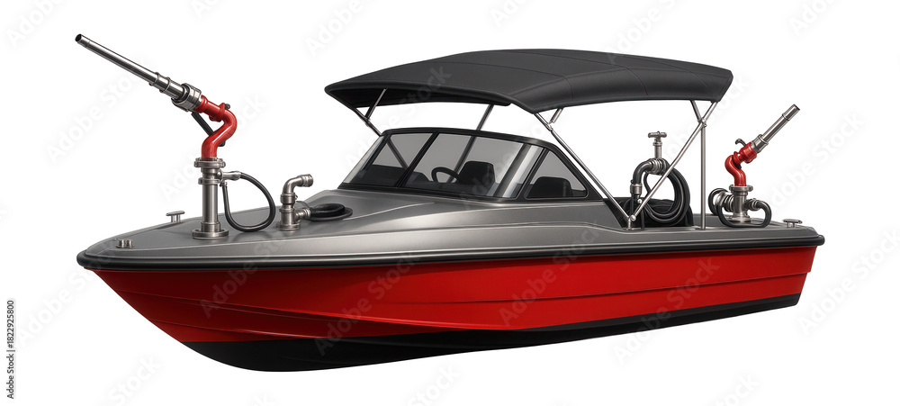 Naklejka premium Low-profile fireboat with a retractable awning for river use.
