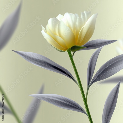 A single, elegant white tulip with yellow undertones is in full bloom, its petals unfurling gracefully. The stem is a vibrant green, and it is surrounded by elo