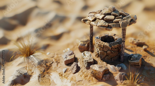 Fototapeta Naklejka Na Ścianę i Meble -  Old broken well in desert with 3d isometric low poly clay