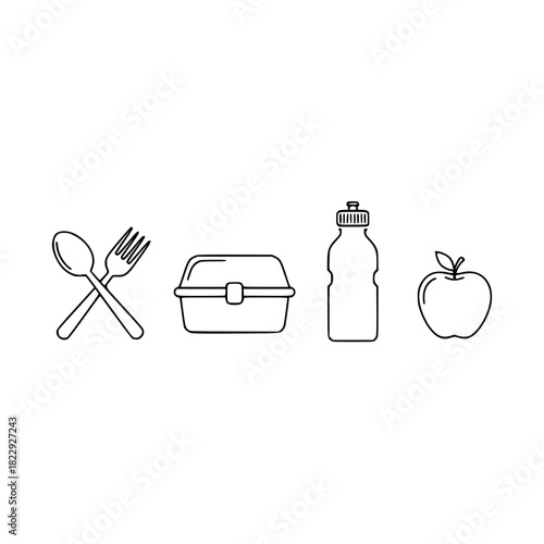 Healthy lunch concept, featuring a water bottle, apple, lunchbox, and eating utensils, perfect for promoting healthy eating habits and school lunches