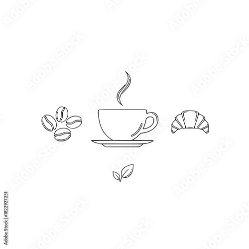 Start Your Day Right A steaming cup of coffee accompanied by a delicious croissant and fresh coffee beans, Perfect for breakfast menus and coffee shops