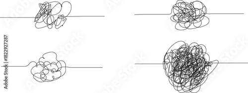 Set of tangled line scribble icons representing confusion and messy thoughts. Minimal continuous-line chaos doodles for creative design concepts. Ideal for illustrations, presentations, and abstract 