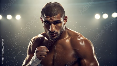 Intense boxer glares with steely determination, ready for action under bright lights
