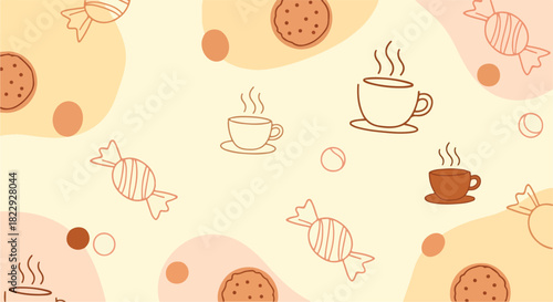 Sweet treat time with coffee, cookies, and candy in a seamless pattern design, perfect for backgrounds, textiles, and cheerful branding projects