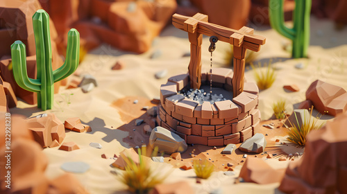 Fototapeta Naklejka Na Ścianę i Meble -  Old broken well in desert with 3d isometric low poly clay