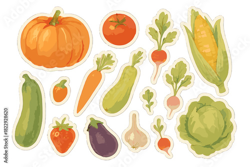 Garden Harvest Stickers. Garden Bounty. Realistic hand-painted watercolor style sticker sheet of garden bounty
