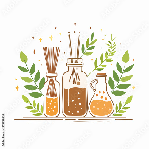 Aromatic essential oil bottles with reed diffusers and leaves.