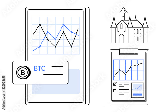 Smartphone displaying BTC chart, clipboard with financial graph, and castle sketch. Ideal for cryptocurrency, finance, technology, history, real estate, market research simple flat metaphor