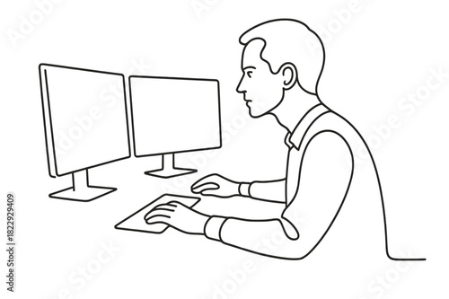 Minimalist Operator Concentration. Operator Focus. Minimalistic one-line drawing person concentrating on