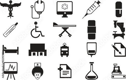 Medical icons set in black and white silhouette style