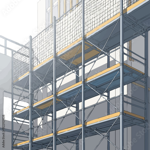 A detailed illustration of scaffolding, a temporary structure used in the construction and maintenance of buildings, with safety netting.