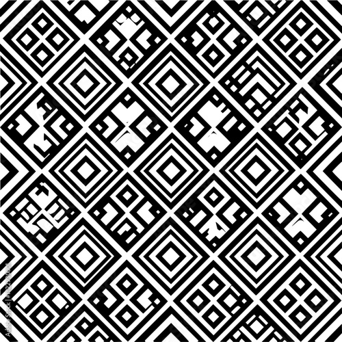 Geometric diamond pattern in black and white creates an optical illusion with repeating shapes and lines of varying width