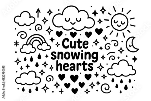 Cute Snowing Hearts. Cute snowing hearts. Hand-drawn doodle illustration of cute snowing hearts. Cloud, hearts