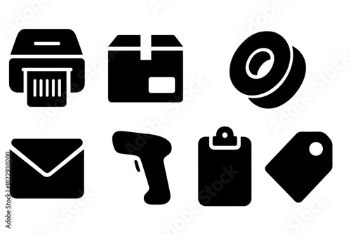 Package Label Icons. Package Labeling. Filled icon set of Package Labeling: label printer, shipping box,