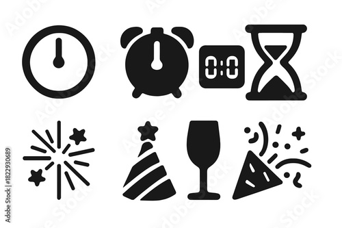 Midnight Celebration Icons. Countdown clock to midnight. Filled icon set of countdown clock to midnight: clock