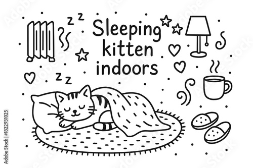 Cozy Sleeping Kitten. Sleeping kitten indoors. Hand-drawn doodle illustration of Sleeping kitten indoors. cat,