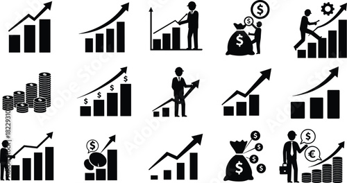 Financial icons, business growth, investment symbols, bar charts, currency signs, money bags, economic progress, silhouette illustration, corporate strategy, finance concept