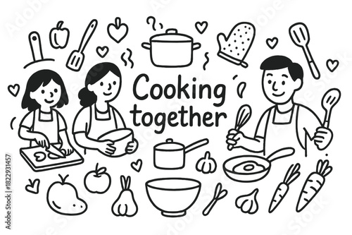 Family Cooking Doodle. Cooking together. Hand-drawn doodle illustration of Cooking together. family, stove,