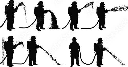 Firefighters spraying water with hose, silhouette fireman action, emergency rescue illustration, firefighting profession, safety training concept, fire control operation art