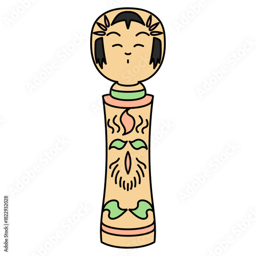 東北地方の伝統こけしを素朴なタッチで描いたイラスト｜木目の質感や伝統的な模様を補足し郷土工芸としての魅力を自然に伝える素材