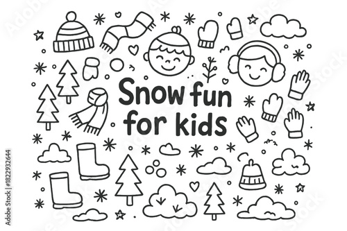 Snow Fun Doodle. Snow fun for kids. Hand-drawn doodle illustration of Snow fun for kids. snowflakes, hats,