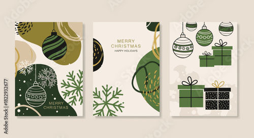 Collection of modern christmas greeting cards with abstract festive elements, ornaments, snowflakes, and gift boxes in green and beige tones, perfect for holiday season designs and celebrations