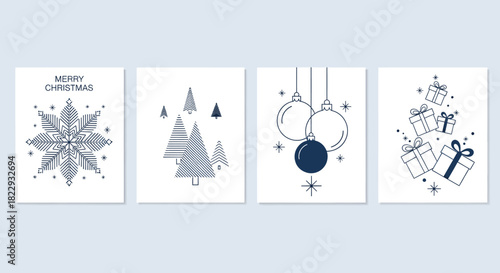 Minimalist set of four christmas and winter holiday greeting cards featuring a snowflake, abstract trees, baubles, and gift boxes in blue and white