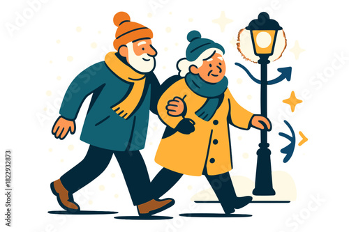 Winter Evening Stroll. Evening companionship. Elderly couple walking together, snow gently falling, warm hats