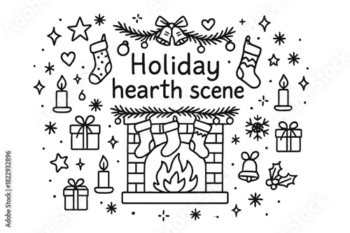 Holiday Hearth Doodle. Holiday hearth scene. Hand-drawn doodle illustration of Holiday hearth scene. fireplace