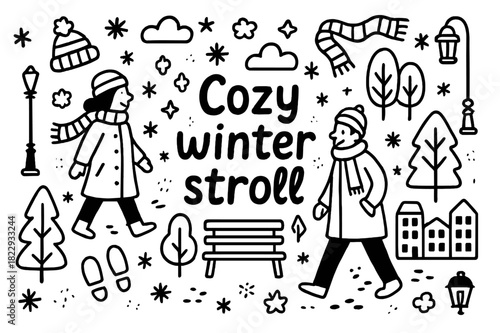 Cozy Winter Doodle. Cozy winter stroll. Hand-drawn doodle illustration of cozy winter stroll. People walking,