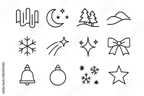 Christmas Aurora Icons. Christmas Aurora Borealis. Line outline icon set of Christmas Aurora Borealis: aurora