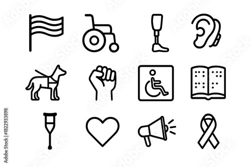 Disability Pride Icons. Disability pride kit. Line outline icon set of disability pride kit: rainbow flag,