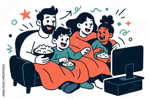 Cozy Family Movie Night. Family movie night. Parents and children snuggled on a sofa under blankets, popcorn