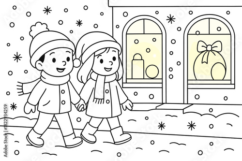 Winter Coloring Stroll. Evening walk in snow children?s coloring book illustration, outlined drawing, couple