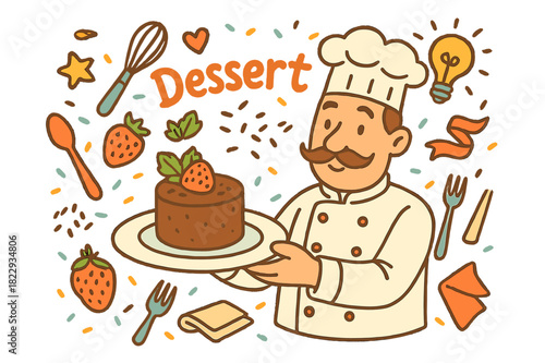 Chef's Dessert Delight. Chef presenting dessert. Hand-drawn doodle illustration of a chef presenting a