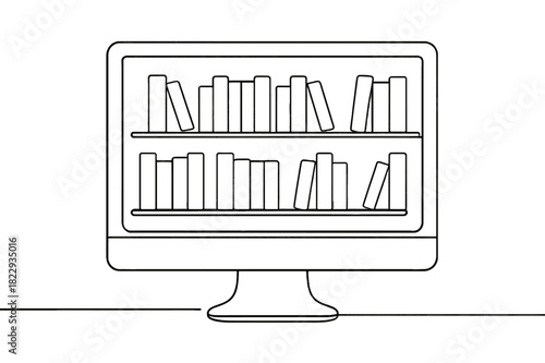 Minimalist Digital Library. Online Catalog. Minimalistic one-line drawing computer screen displaying organized