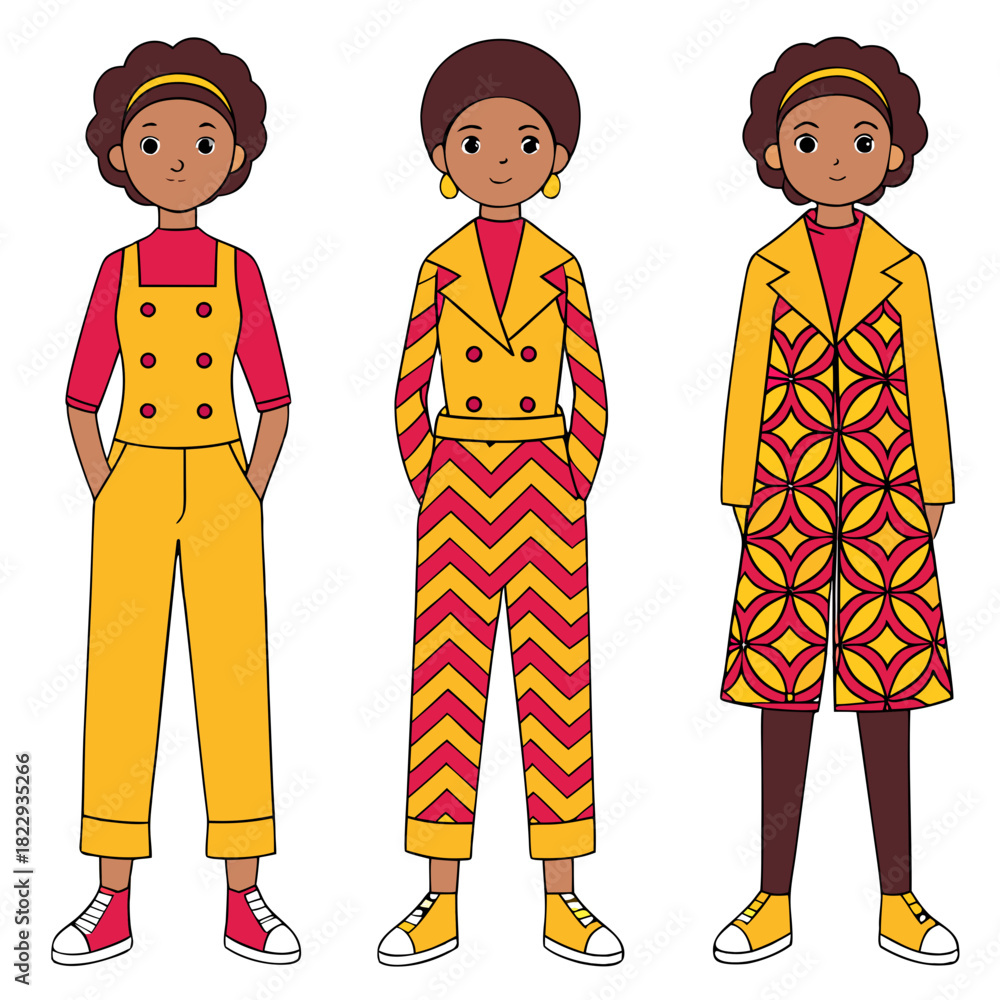 Naklejka premium Three diverse cartoon women showcasing 1970s fashion in vibrant yellow and red outfits, featuring retro suits, overalls, and patterned coats, embodying vintage style and individuality.
