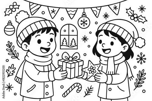 Festive Gift Exchange. Winter celebration gift exchange children?s coloring book illustration, outlined