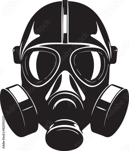 Black silhouette gas mask illustration with goggles, filters, respirator details, and protective face equipment
