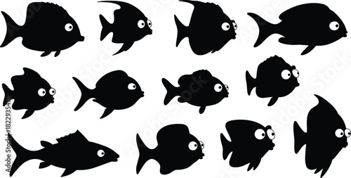 Fish silhouettes, black and white, aquatic animals, diverse body shapes, marine life illustration, underwater design, ocean wildlife, educational, nature art