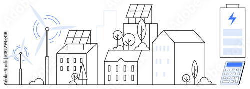 Urban area featuring wind turbines, solar panels on rooftops, battery storage, trees, modern buildings, and a calculator. Ideal for sustainability, renewable energy, eco-lifestyle urban development