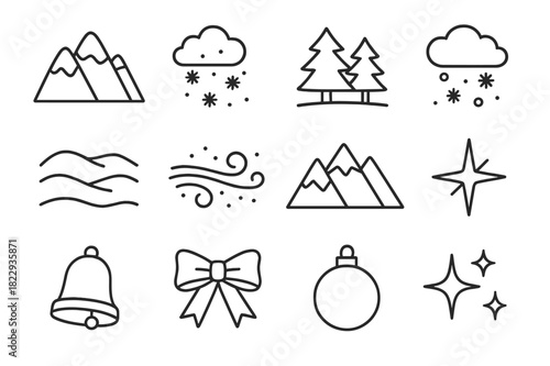 Christmas Snowstorm Icons. Christmas Snowstorm. Line outline icon set of Christmas Snowstorm: snow-covered
