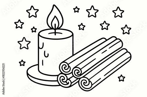 Candlelight Coloring Page. Candlelight and cinnamon sticks children?s coloring book illustration, outlined